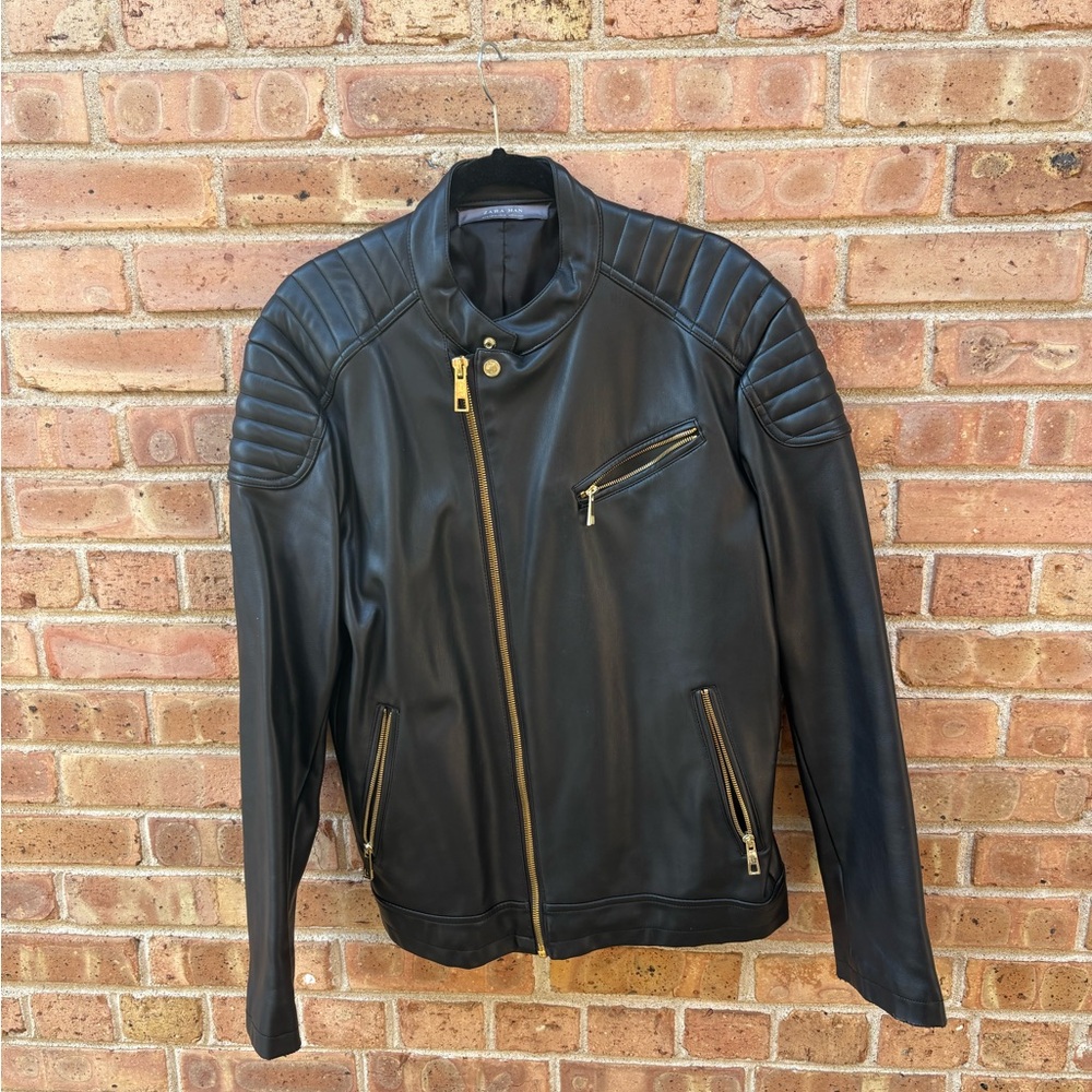 Zara Black Leather Jacket with Gold Zippers
